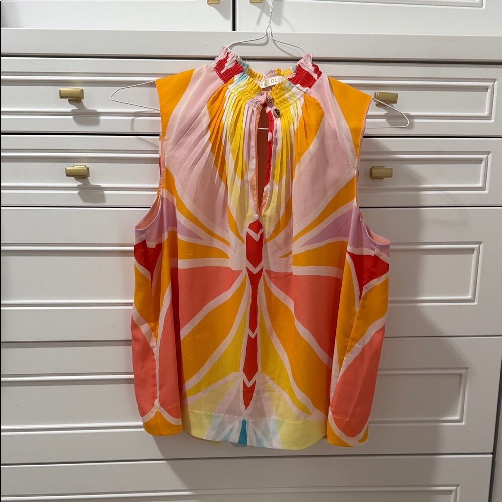 Marie Oliver Pink Coral Yellow Orange Sleeveless Pleated Neck Top